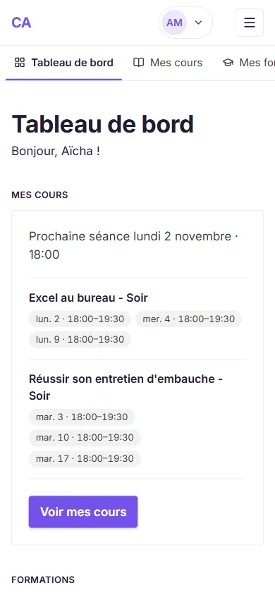 Portail élève de Campus Avenir : le tableau de bord d'Aïcha, avec sa prochaine séance et ses cours