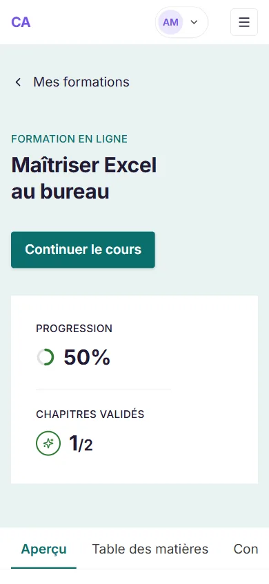 Une formation en ligne telle que l'apprenant la suit : Maîtriser Excel au bureau, progression 50 %