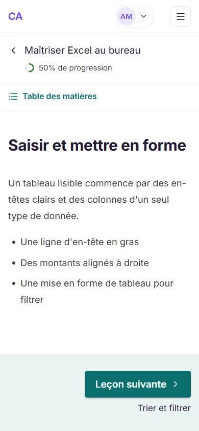 Leçon Saisir et mettre en forme, avec le bouton Leçon suivante