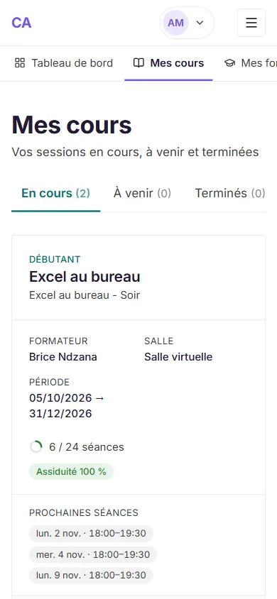 Écran Mes cours : Excel au bureau, 6 séances sur 24, assiduité 100 %
