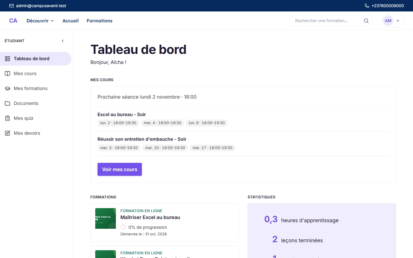 Portail élève sur ordinateur : le tableau de bord d’Aïcha, sa prochaine séance et ses formations
