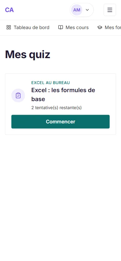 Écran Mes quiz : Excel, les formules de base