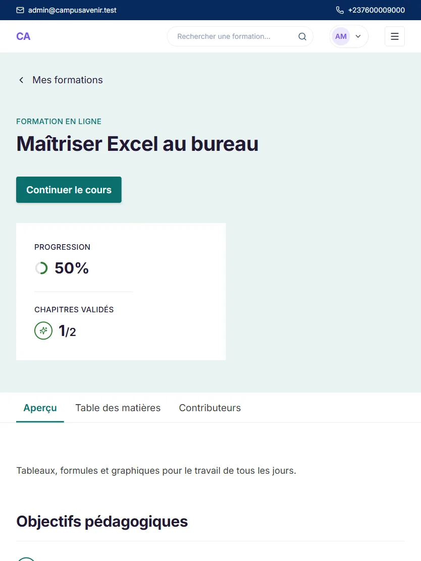 Portail élève sur tablette : la formation Maîtriser Excel au bureau, progression 50 %